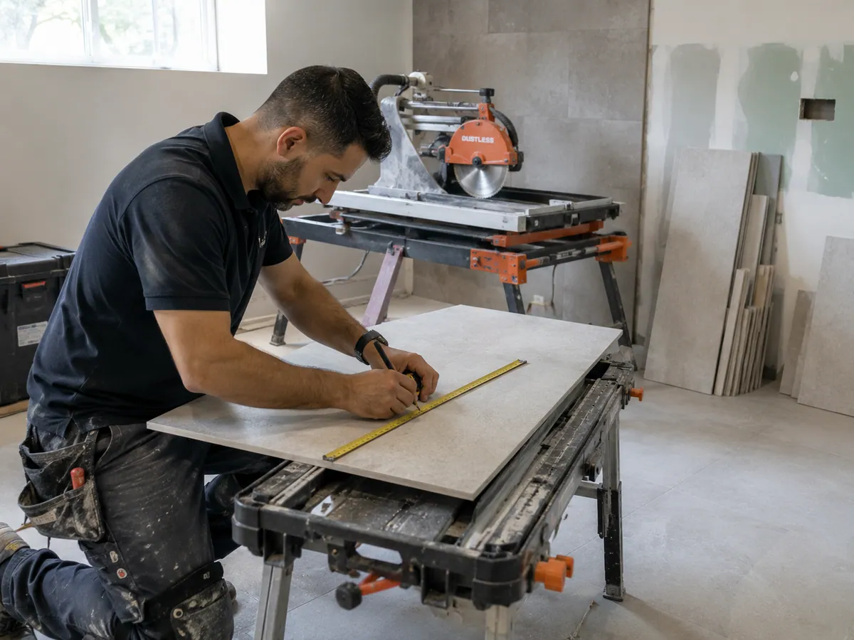 Tile installer measuring and cutting porcelain tile on site