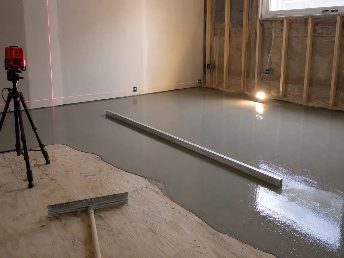Laser level and self-levelling compound being used on a subfloor before tiling