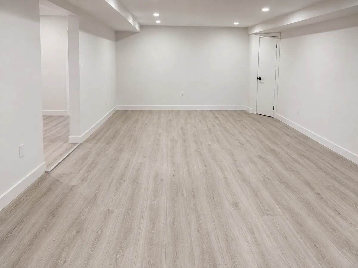 SPC vinyl plank flooring installed in a finished basement