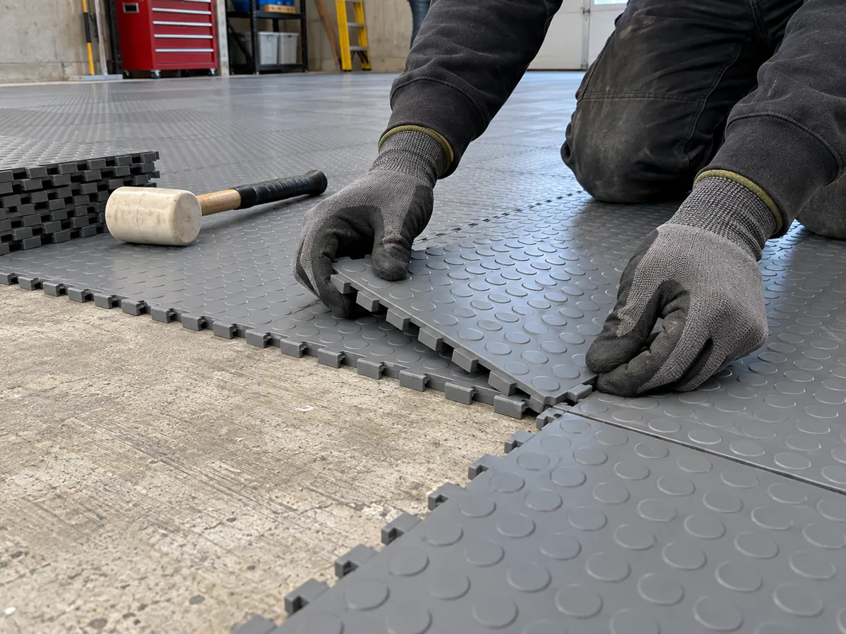 Installer clicking interlocking modular floor tiles together