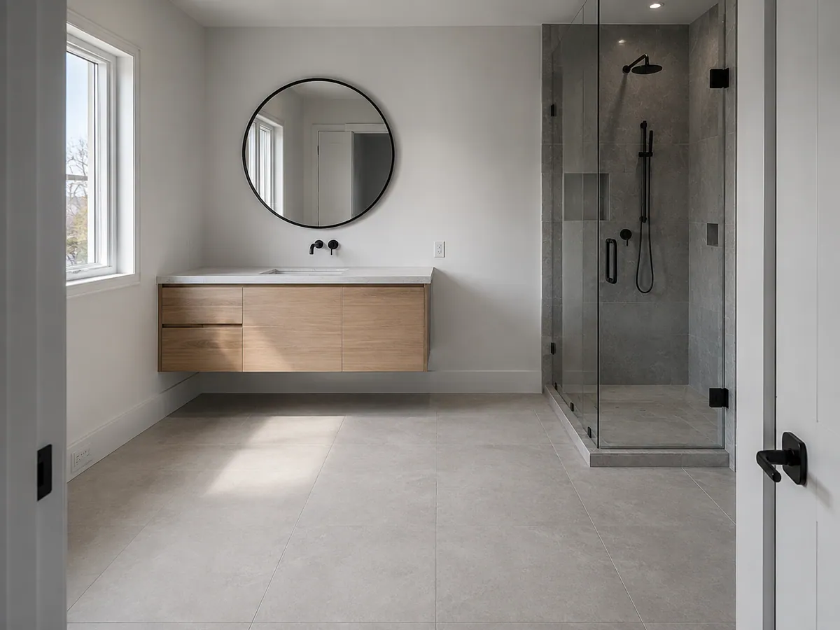 Renovated bathroom with large-format tile and a floating vanity