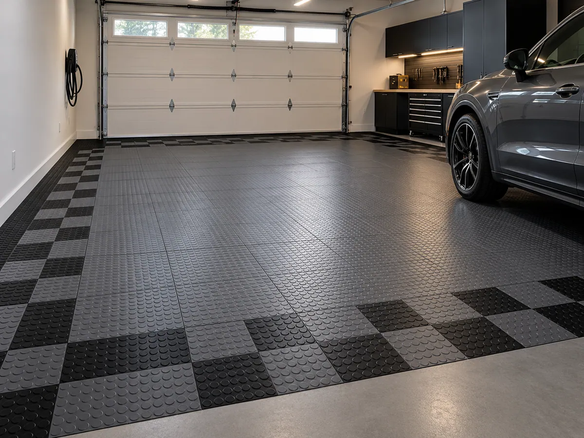 Interlocking modular plastic floor tiles in a residential garage