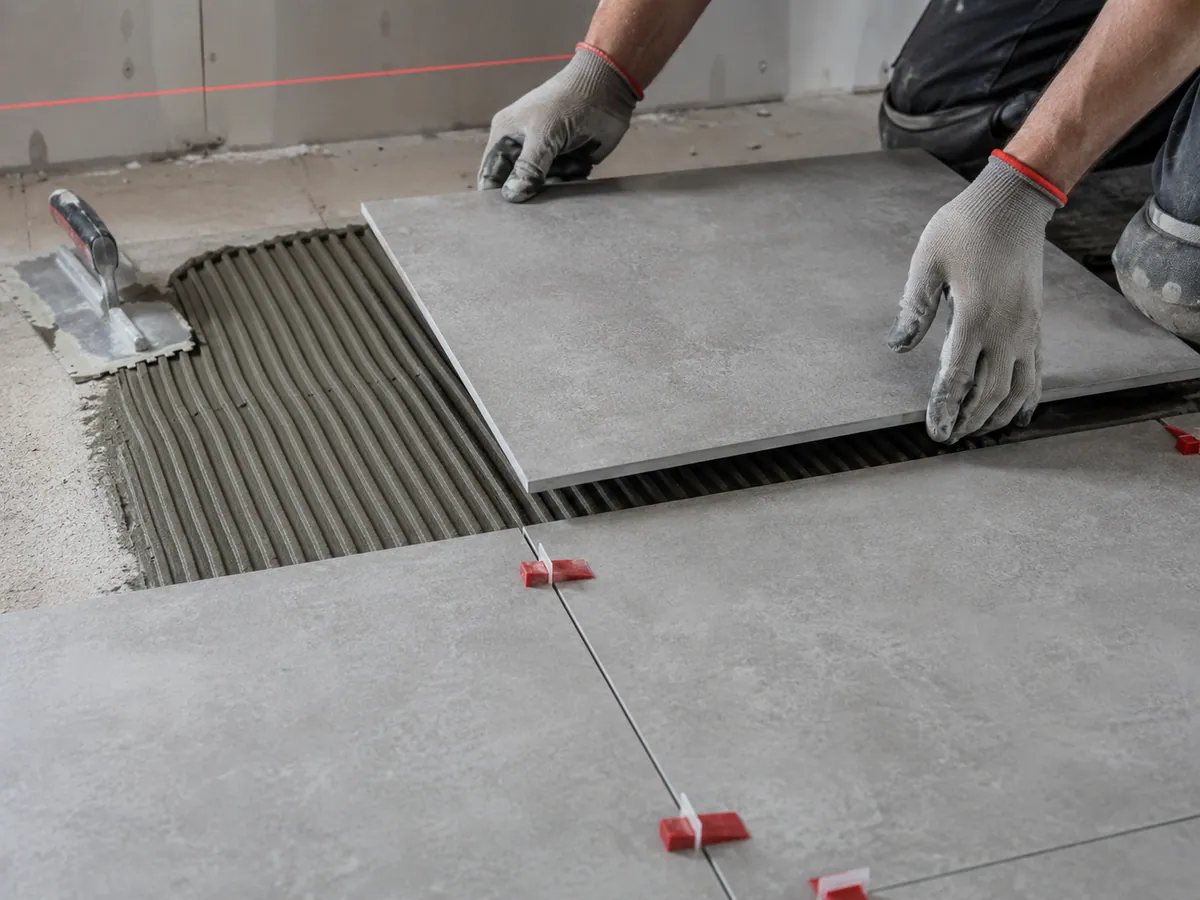 Installer setting large-format porcelain tile with a notched trowel
