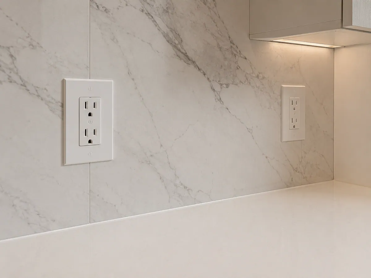 Kitchen backsplash tile scribed around electrical outlets