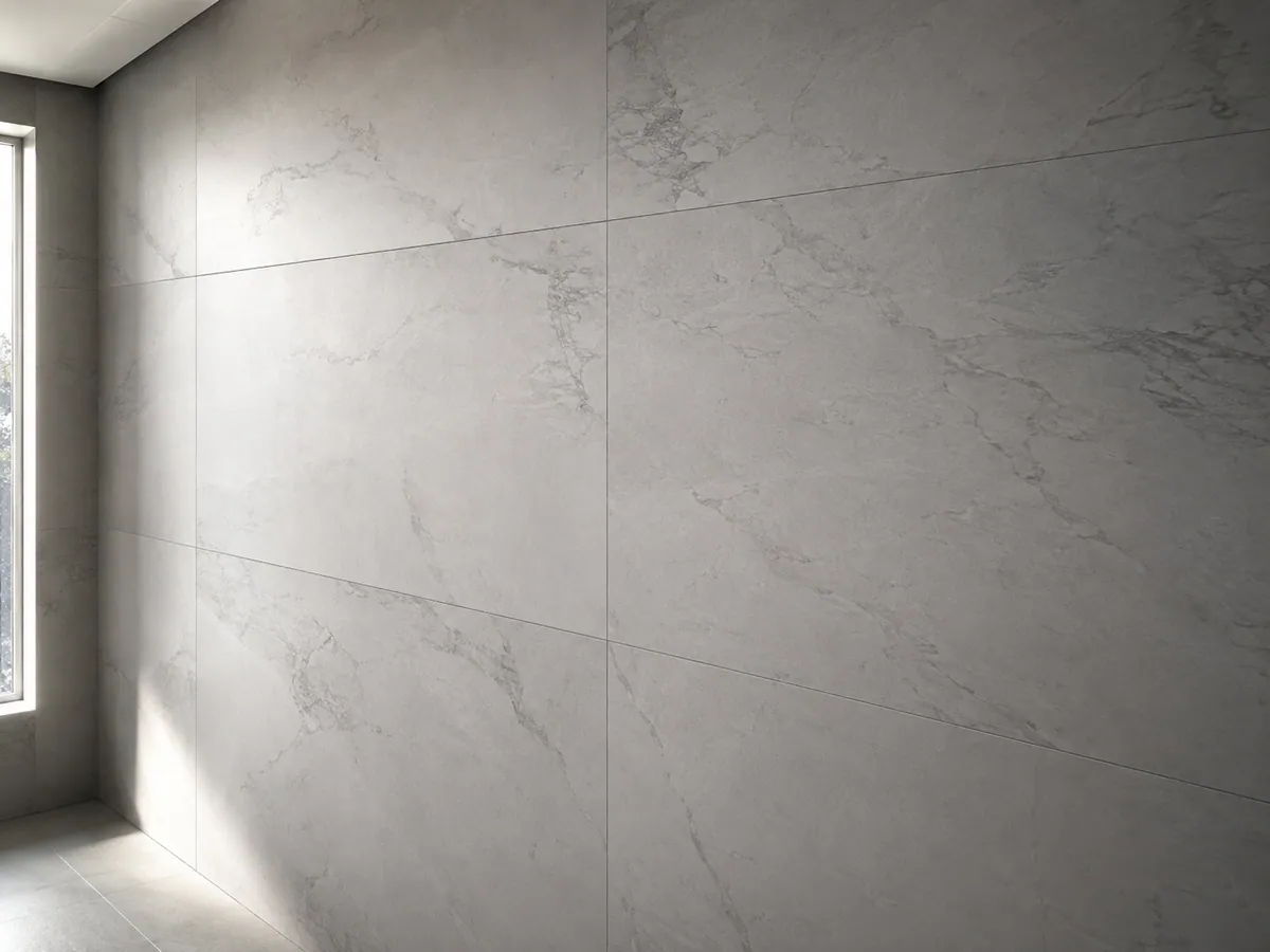 Large-format porcelain slab wall in a bathroom