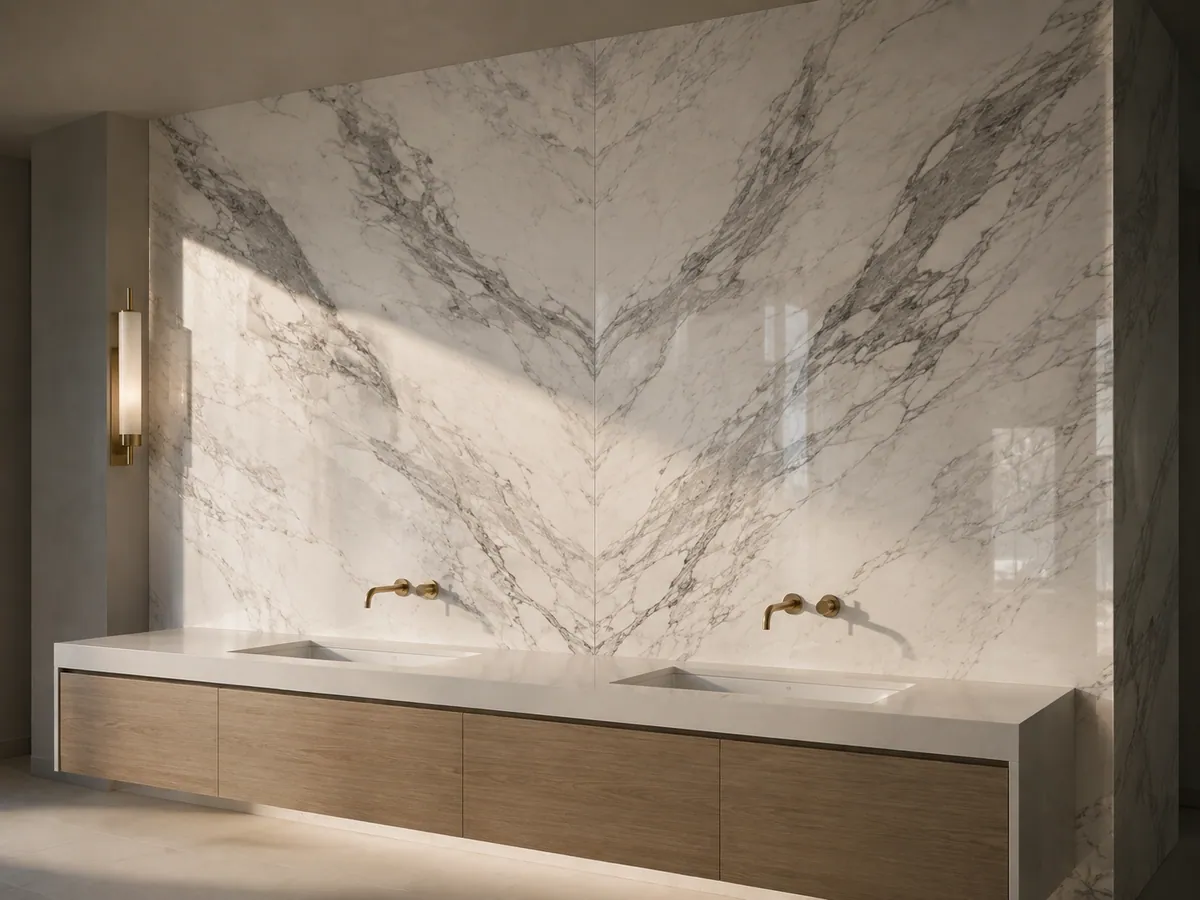 Marble feature wall with book-matched veining